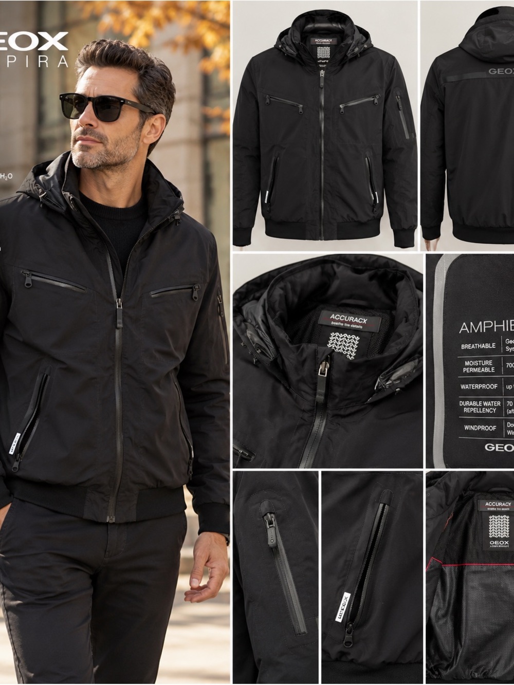GEOX Respira Amphibiox Men’s Black Waterproof Bomber Jacket US 46